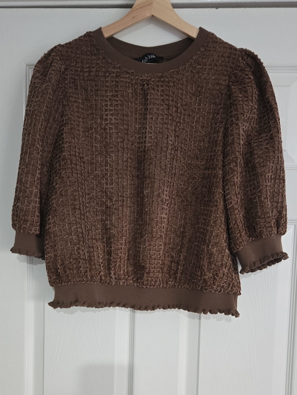 Fab'rik Chocolate Brown Textured Crewneck Puffed Sleeve Top